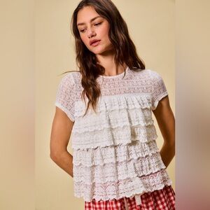 SO ME Ruffle Tiered Stretch Lace Short Sleeves Knit Top🆕Ivory